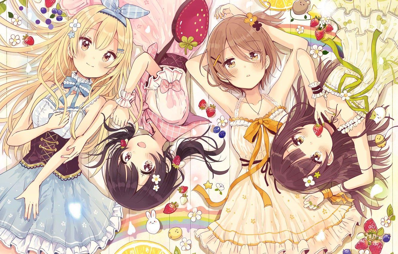 1332x850 Wallpaper Girls, anime, Strawberry, Berries, Art, Group, sakura oriko image for desktop, section арт