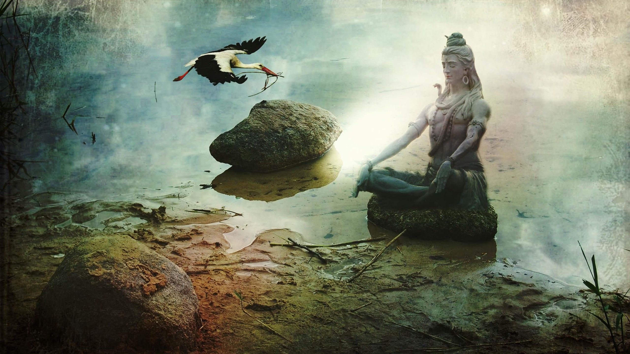 2560x1440 Statue Of Shiva On Body Of Water HD Bholenath Wallpaper