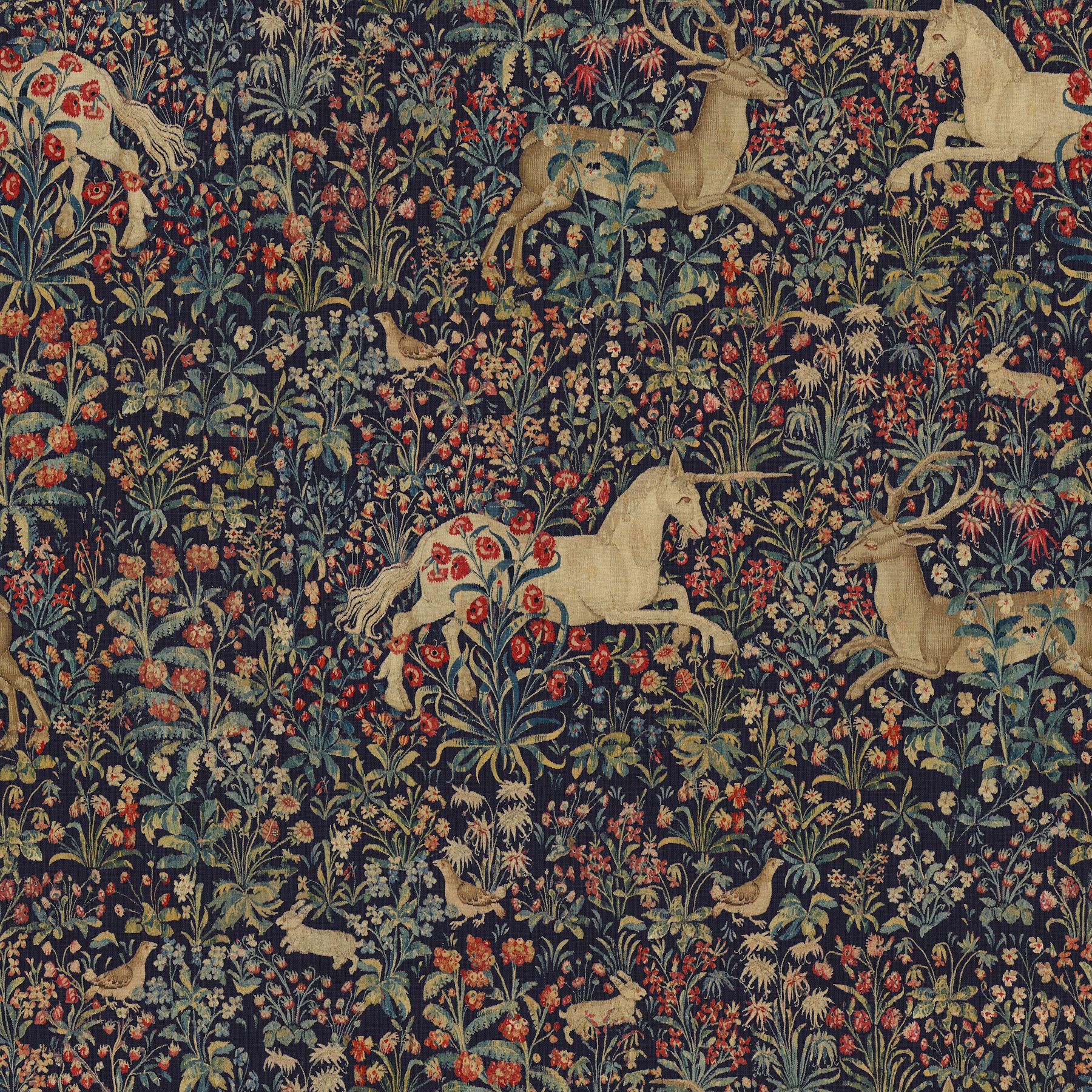 1800x1800 Unicorn and Deer Floral Wallpaper in a Medieval Tapestry Style