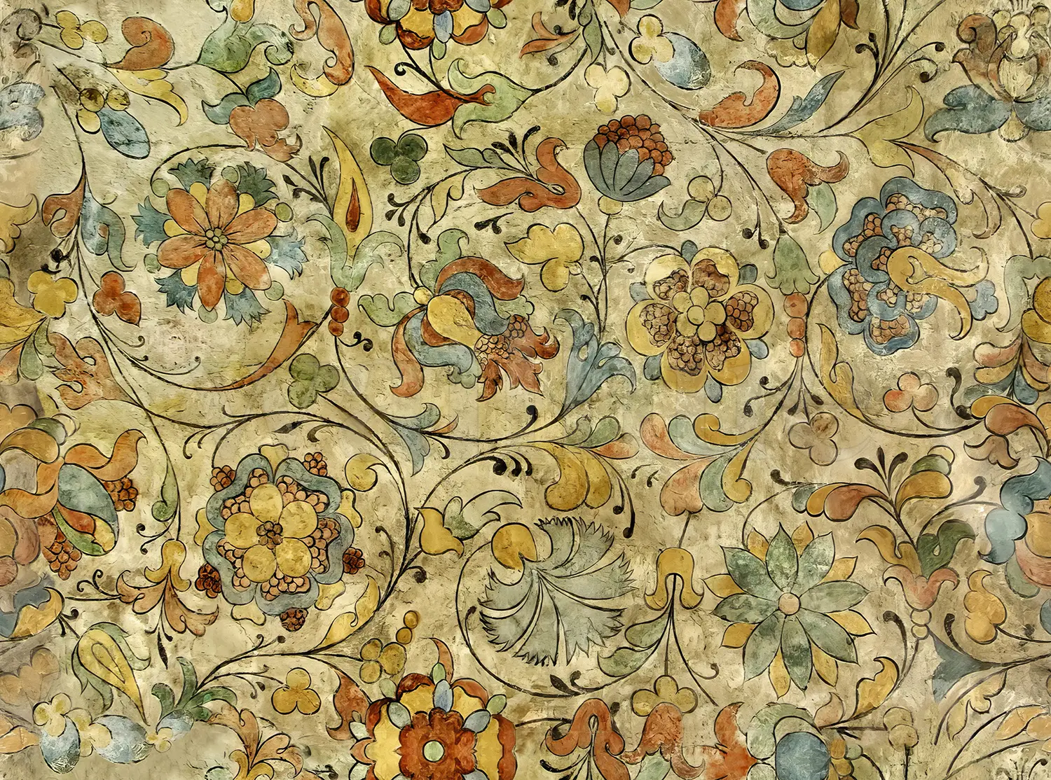 1500x1114 Floral Wallpaper Vintage Beige Teal Orange Botanical Ornamental Scrollwork Living Room Bedroom Mural