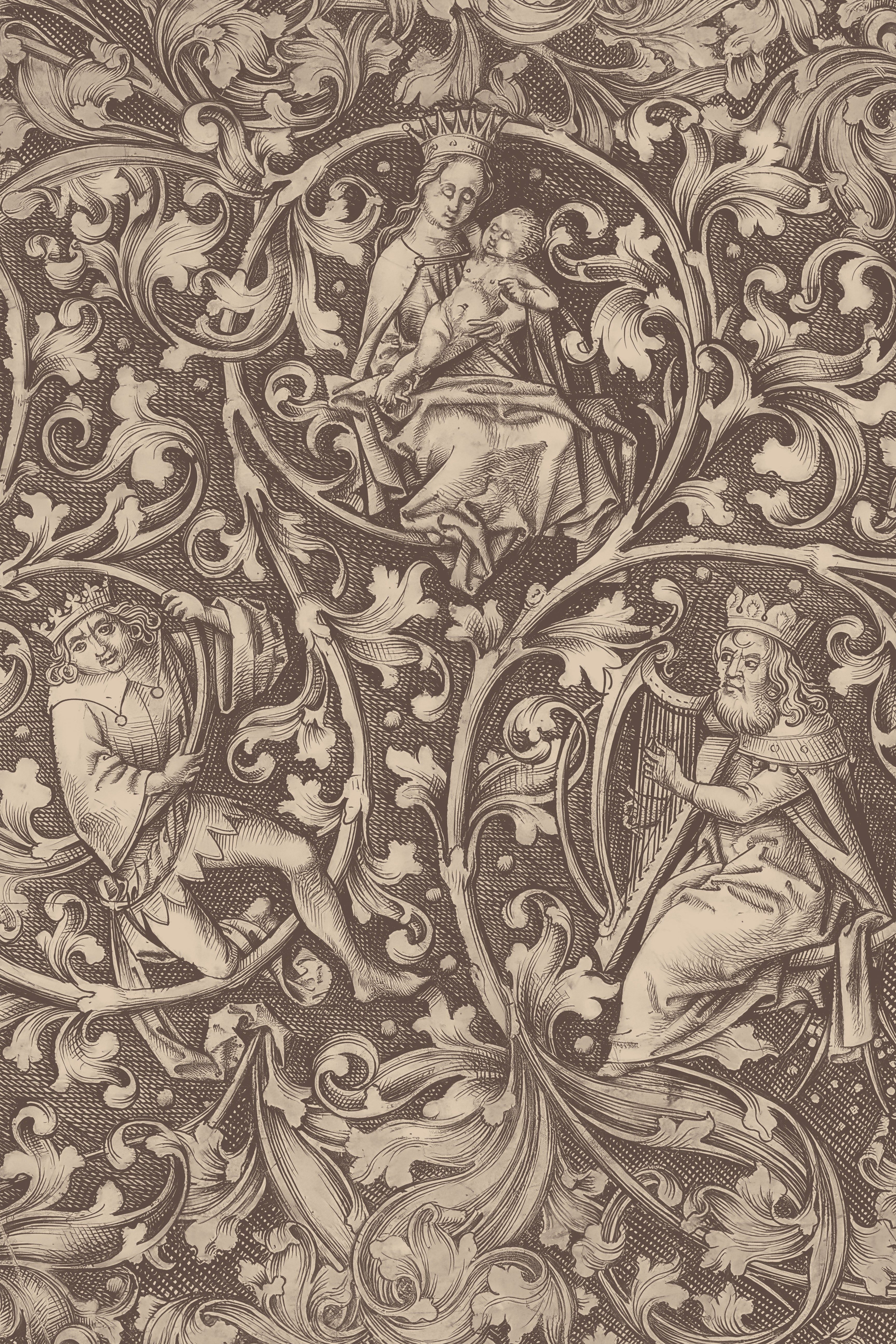 3456x5184 Medieval Vintage Botanicals Wallpaper. French Press. Custom Pro Vinyl Concrete. Non Woven / 28 × 393.7 (71.1 Cm × 10 M)