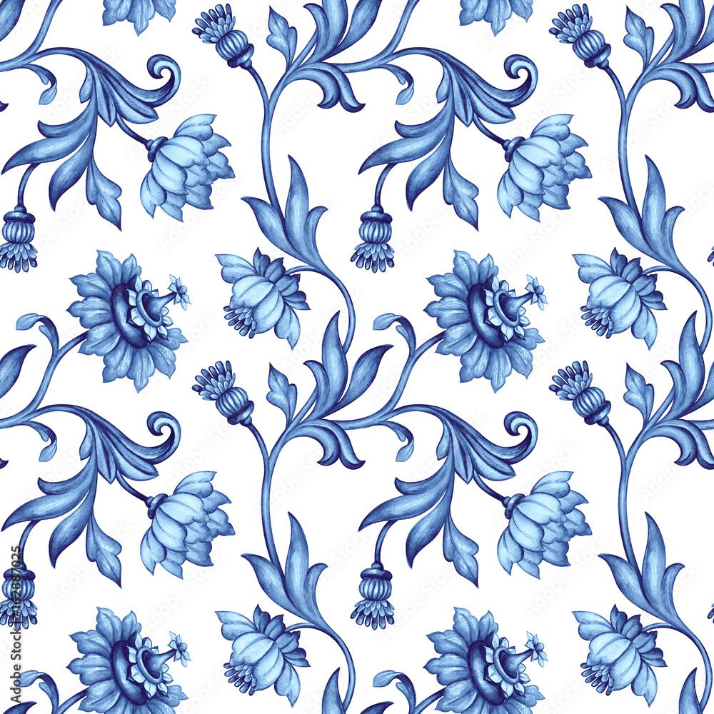 1000x1000 seamless floral pattern, medieval background, watercolor hand painted illustration, blue flowers and leaves, delft, indigo, vintage botanical wallpaper
