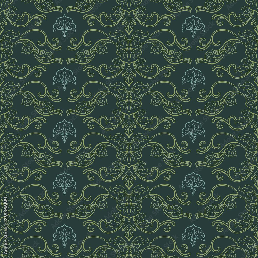 1000x1000 Damask Vector Seamless Pattern. Vintage Style Wallpaper, Carpet or Wrapping Paper Design. Green and Gold Italian Medieval Floral Flourishes, Greek Flowers for Textures. Baroque Leaves Stock Vector