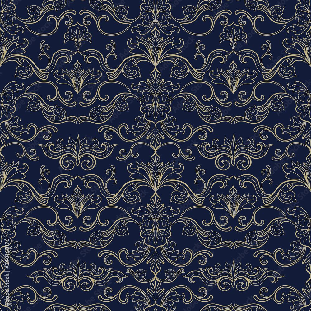1000x1000 Damask Vector Seamless Pattern. Vintage Style Wallpaper, Carpet Or Wrapping Paper Design. Blue And Golden Italian Medieval Floral Flourishes, Greek Flowers For Textures. Baroque Leaves Stock Vektor