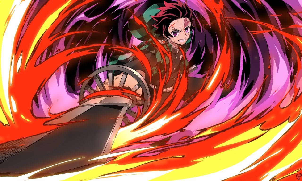 1280x768 Download Tanjiro Kamado With Purple And Red Flame Wallpaper