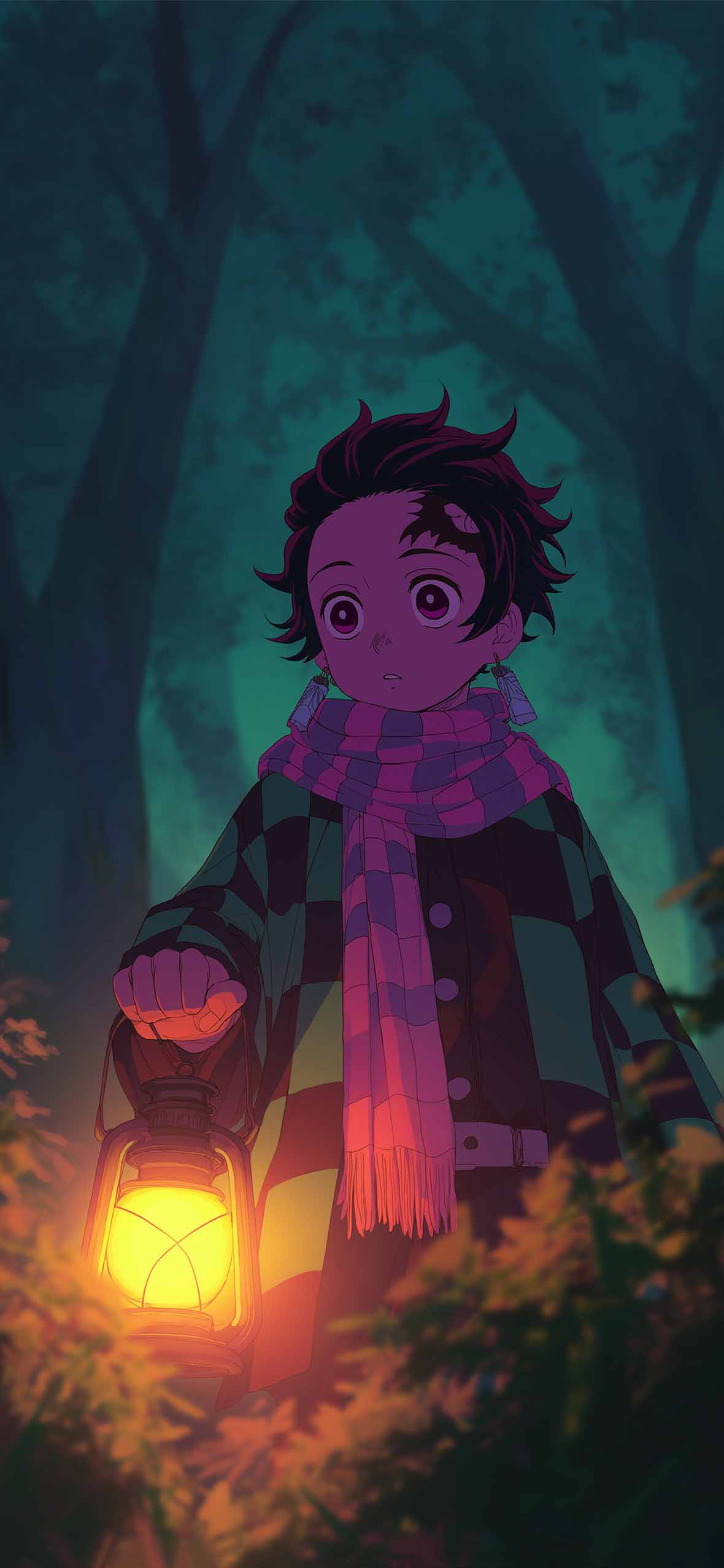 1180x2554 Tanjiro Kamado Lantern Night Forest Fall Wallpaper