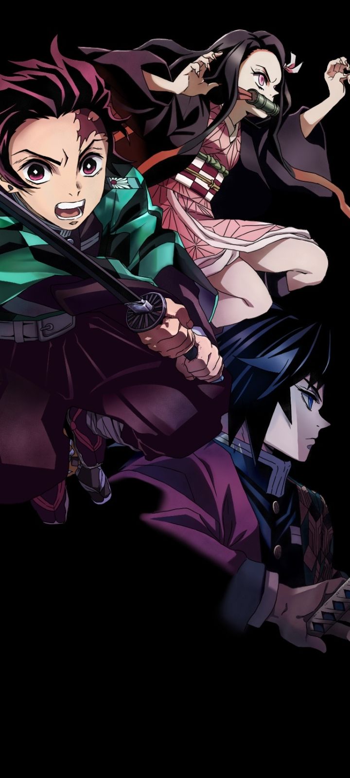 720x1600 Phone wallpaper: Demon Slayer: Kimetsu No Yaiba, Tanjiro Kamado, Anime, Purple Hair, Purple Eyes, Grey Hair, Sword, Black Hair, Nezuko Kamado, Giyuu Tomioka 1370083
