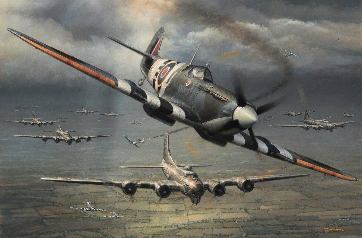 1200x789 Allies in Arms by John Shaw aviation art signed by 7 Spitfire & B17 veterans
