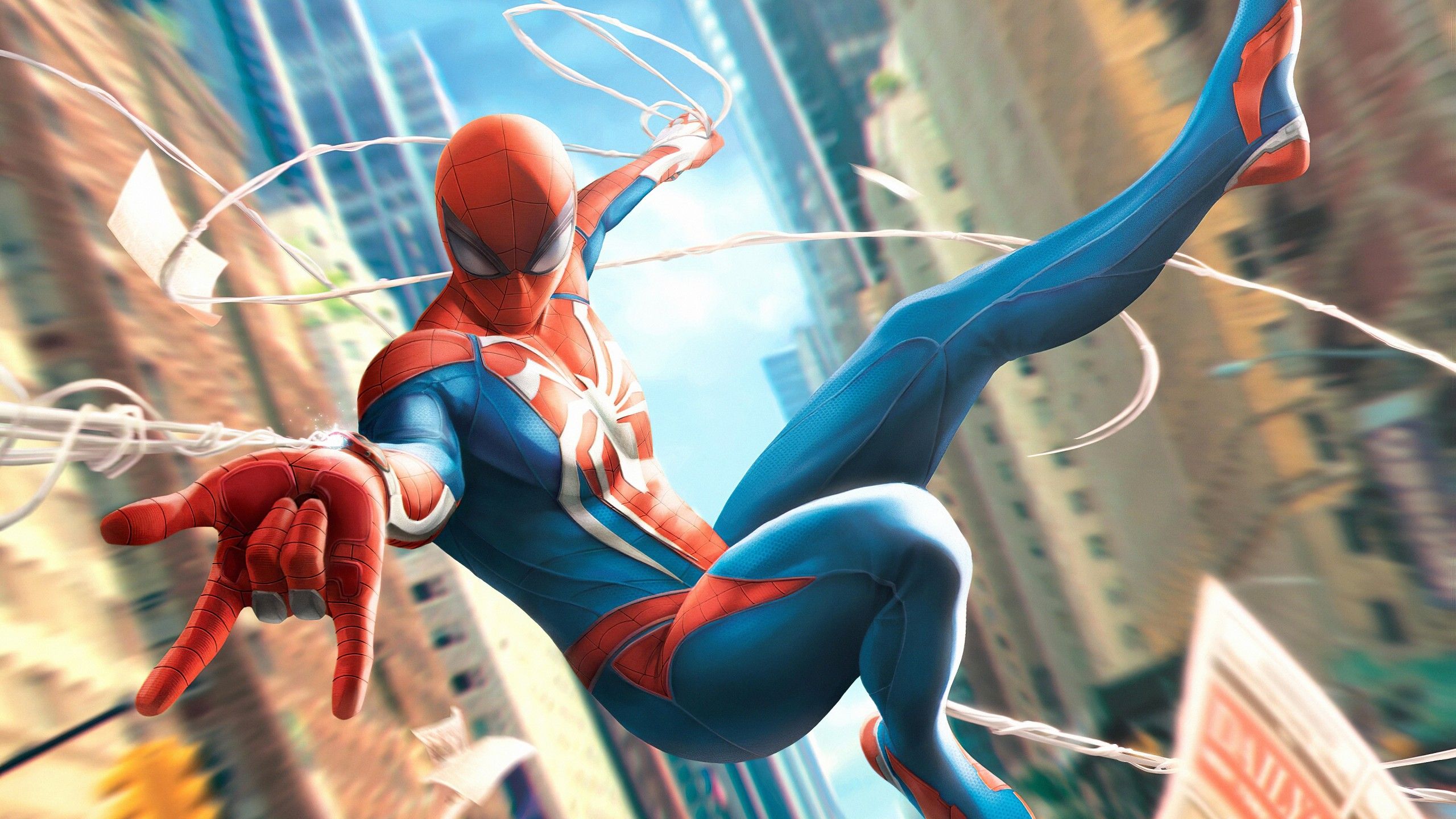2560x1440 Spiderman In Fly Buildings Background 4K HD Spiderman Wallpaper