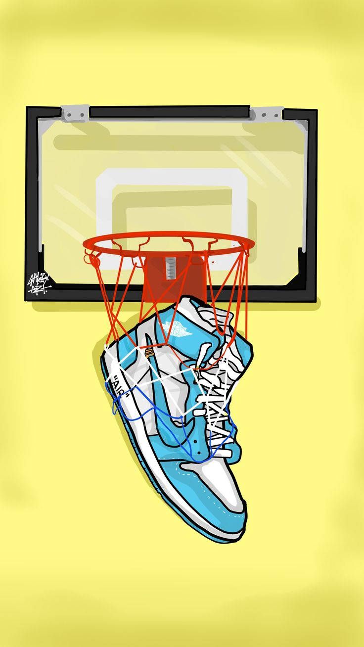 736x1308 Download Cartoon Jordan Shoes On A Basketball Hoop Wallpaper