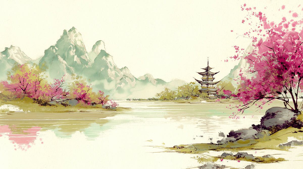 1200x673 Zen Pagoda Landscape Mural Wallpaper