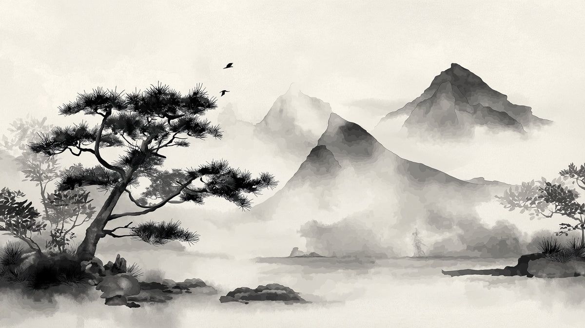 1200x673 Mist Shrouded Mountainscape Mural. Ink Wash Landscape Art