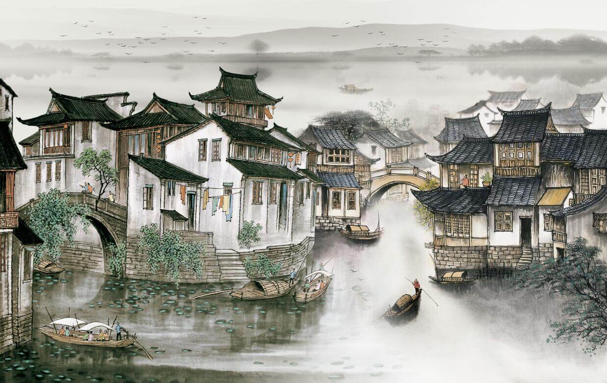 1237x780 Serene Jiangnan Water Town Ink Wash Wallpaper Mural