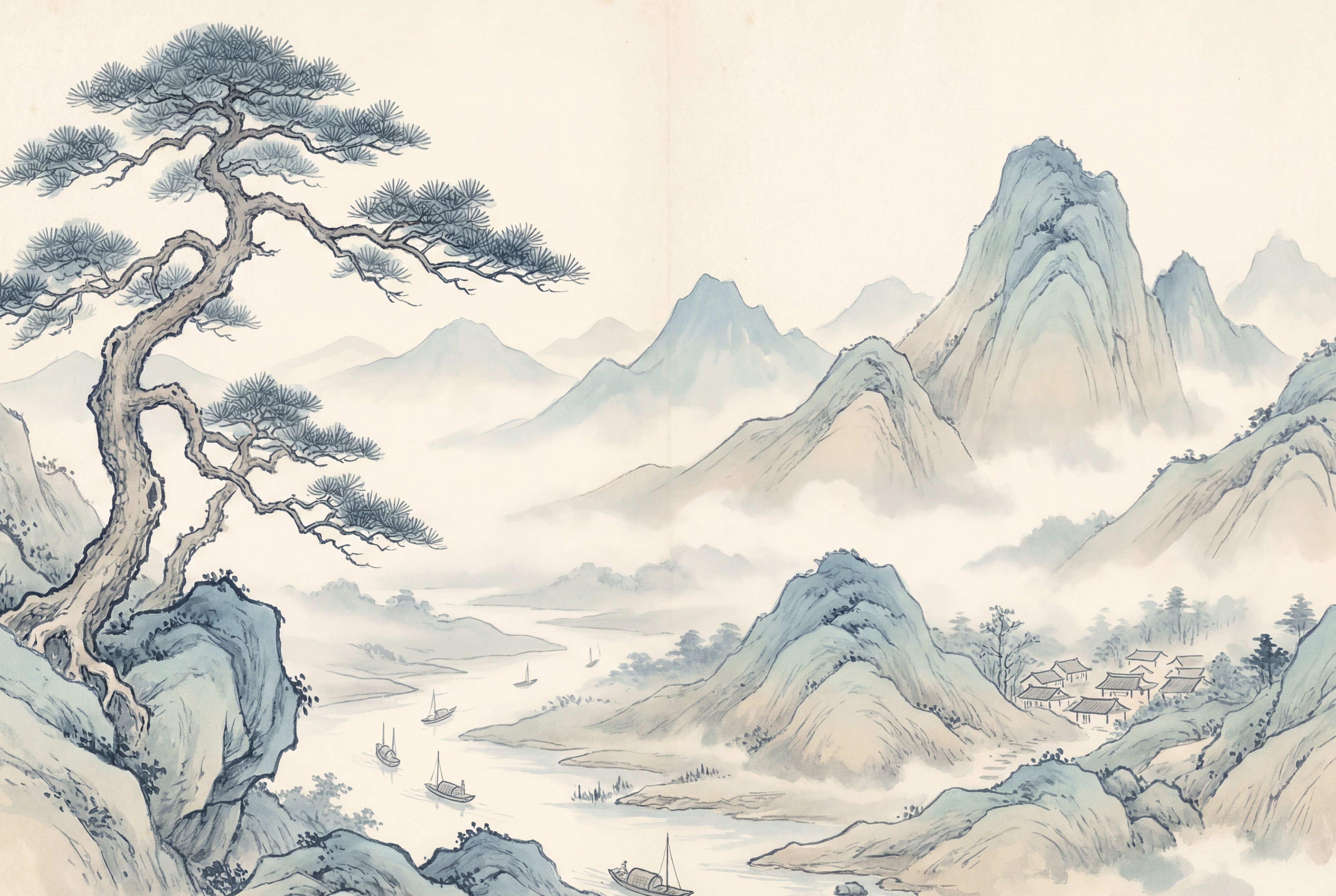 4550x3052 Lark Manor™ East Asian Landscape Wallpaper Ink Wash Painting Misty Mountains Wall Mural