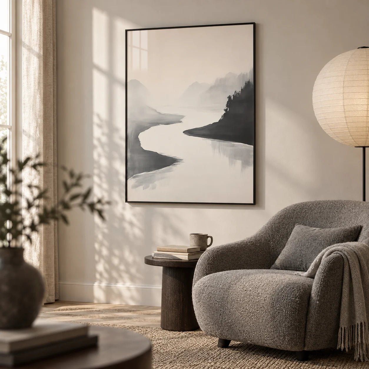 1254x1254 Japanese Ink Wash Painting. Tranquil River in Monochrome