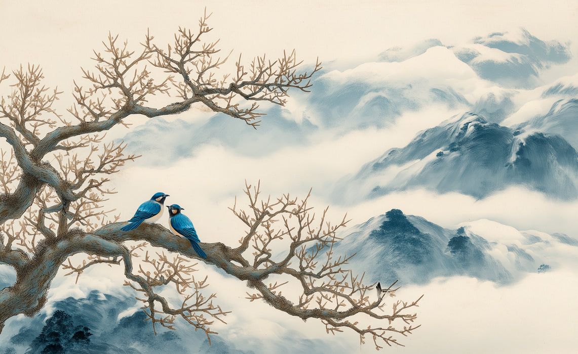1141x700 Blue Bird & Misty Mountain Ink Wash Mural Wallpaper