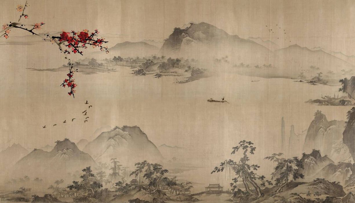 1225x700 Chinese Ink Wash Landscape Mural Wallpaper Mountain & Water Scene with Plum Blossoms