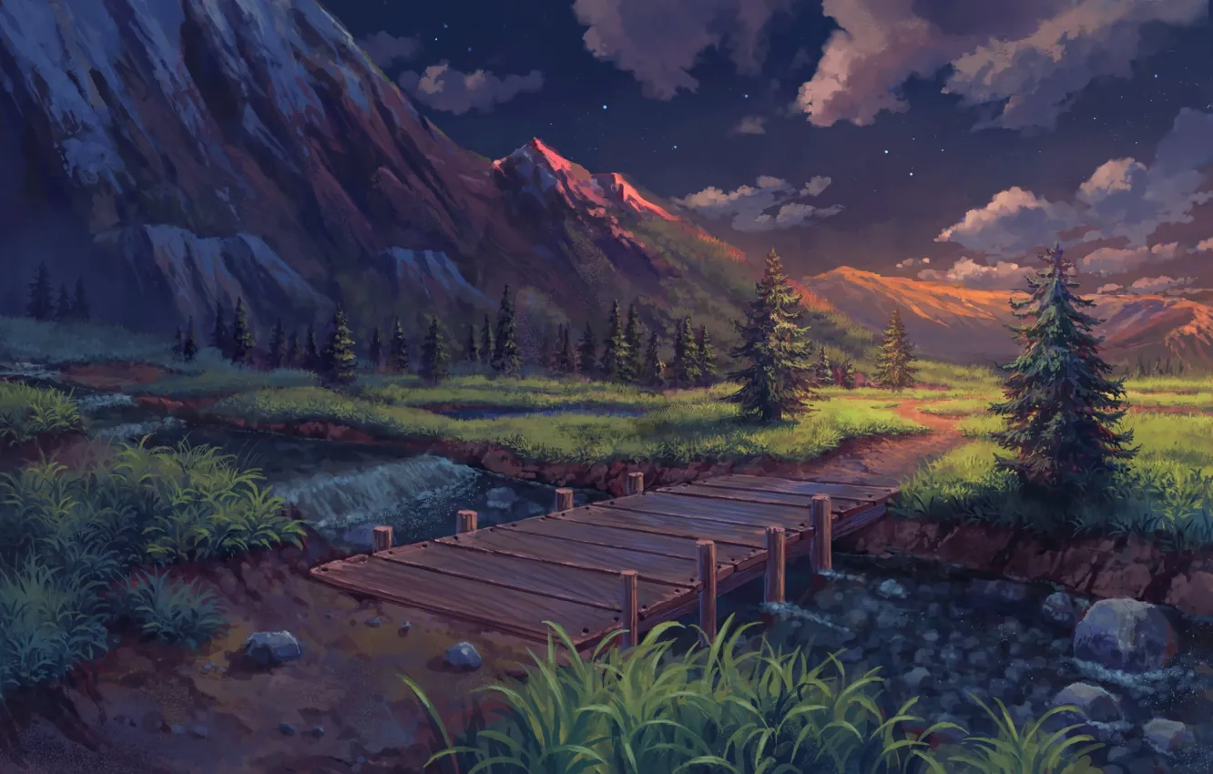 1332x850 Free anime, mountains 2K wallpaper for desktop and phone