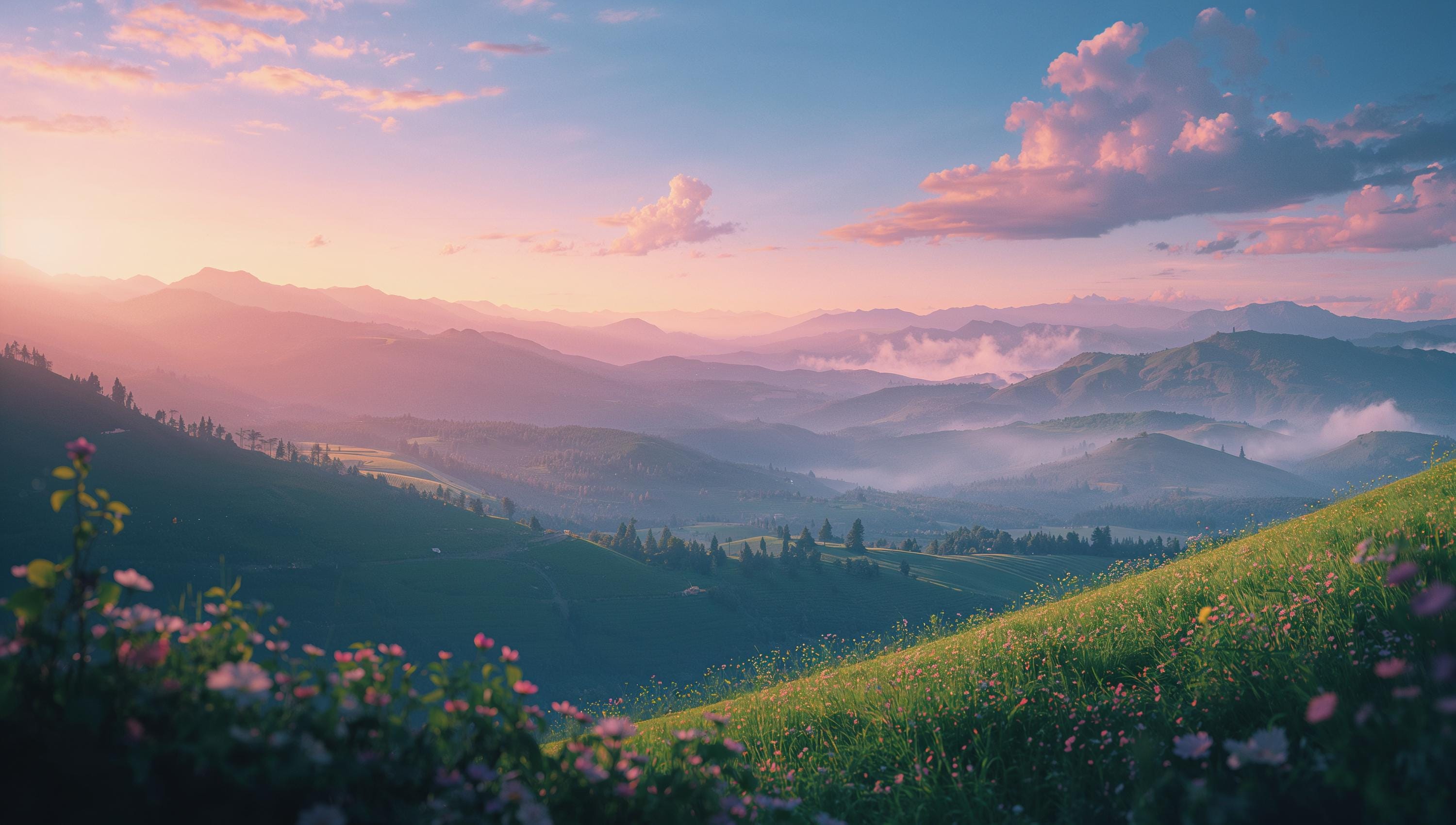 3000x1700 Anime Mountain Wallpaper: Lo Fi Serene Sunset Scenery (4K Digital Download)