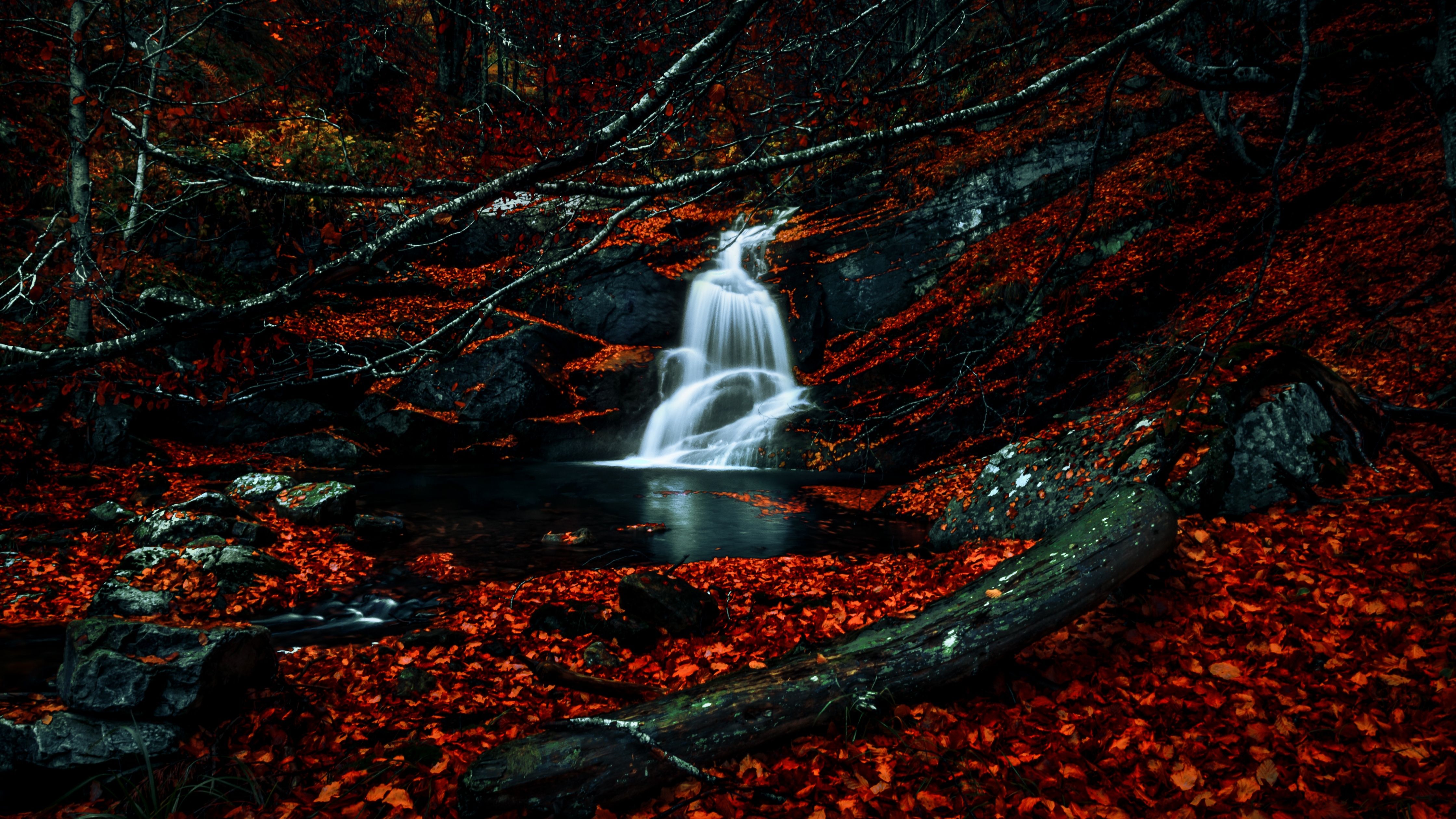 4480x2520 Waterfalls Wallpaper 4K, Autumn, Dark Forest, Foliage