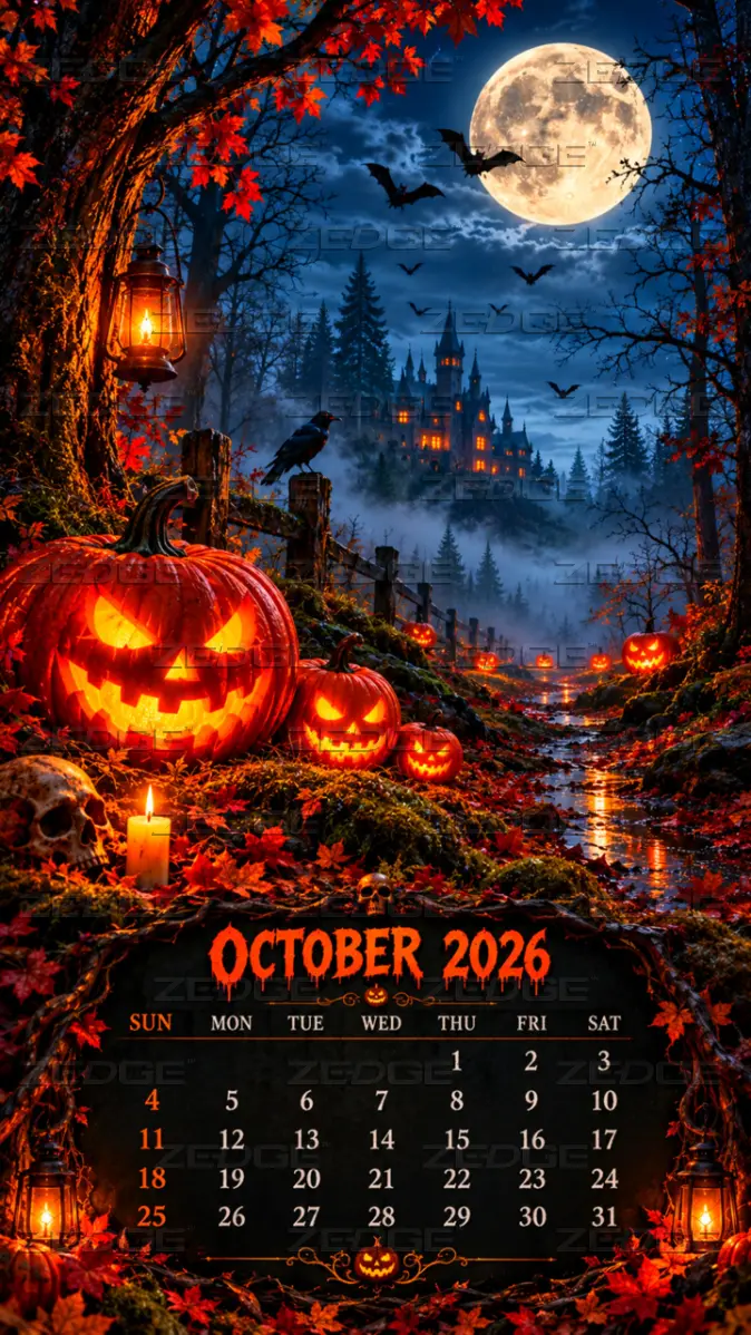 674x1198 Halloween October 2026 Calendar Wallpaper Spooky Pumpkin Night wallpaper by Calendar By awi