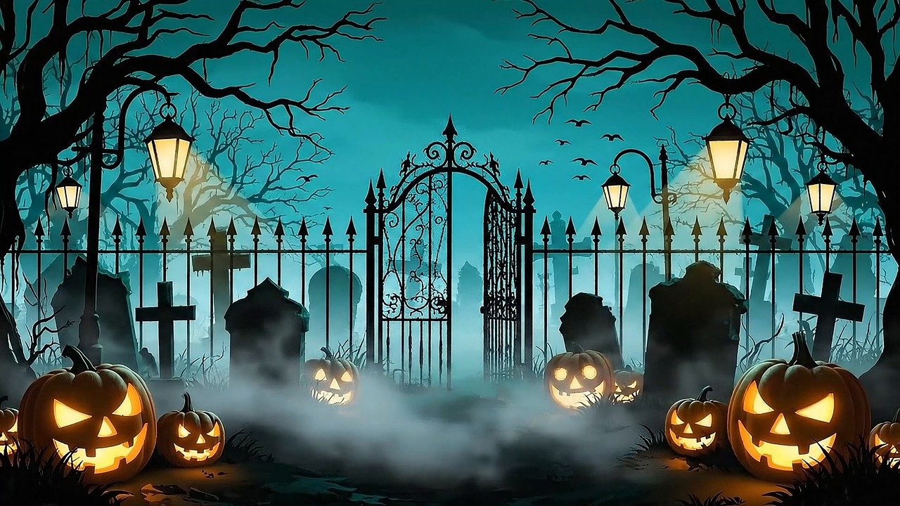1280x720 Halloween Background, Spooky Cemetery, Jack O Lantern. Free Stock Video
