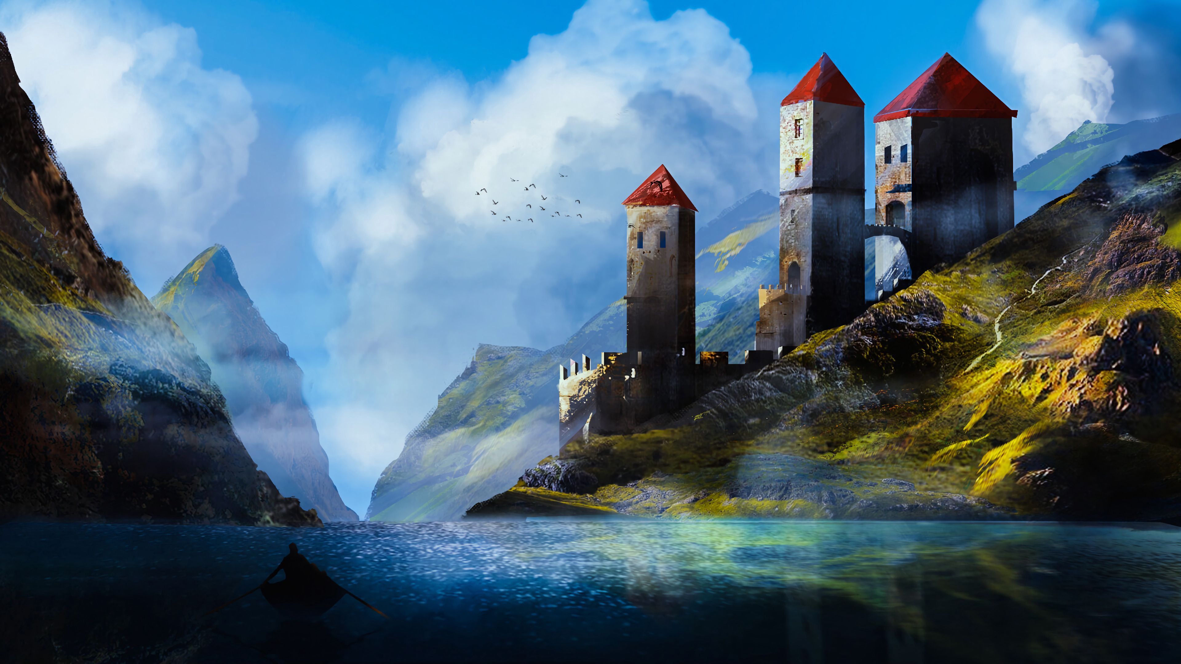 3840x2160 Anime Castle Towers Mountains River Reflection 4K HD Anime Nature Wallpaper