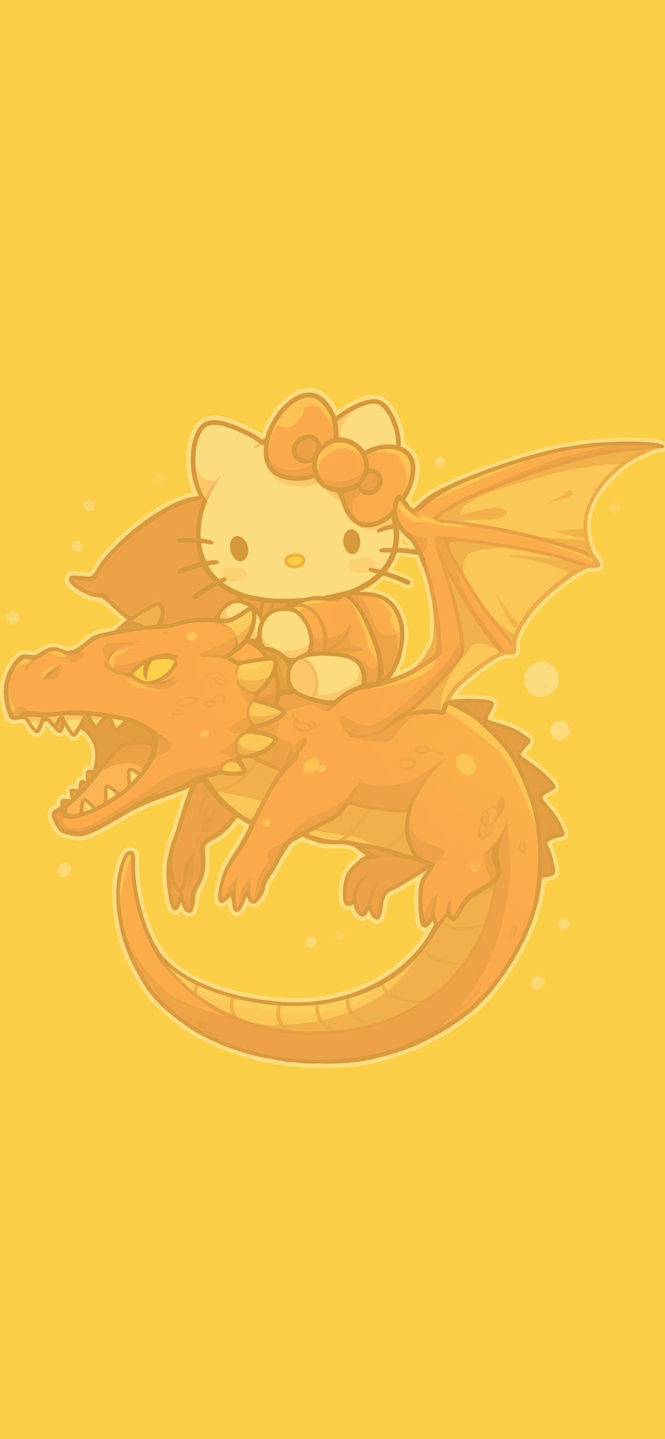 1326x2868 Hello Kitty Riding Red Dragon Minimalist Yellow Wallpaper iPhone