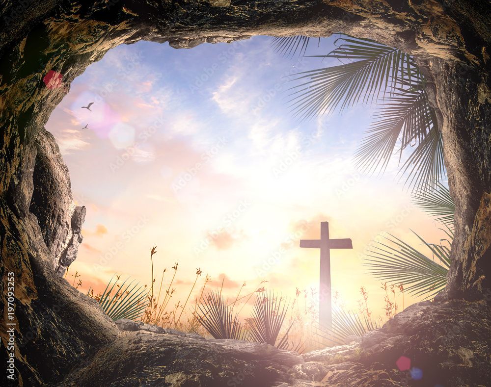 1000x789 Poster, Print Empty tomb looking out to the cross on Golgotha with palm leaves at sunrise, con, 40x30 cm
