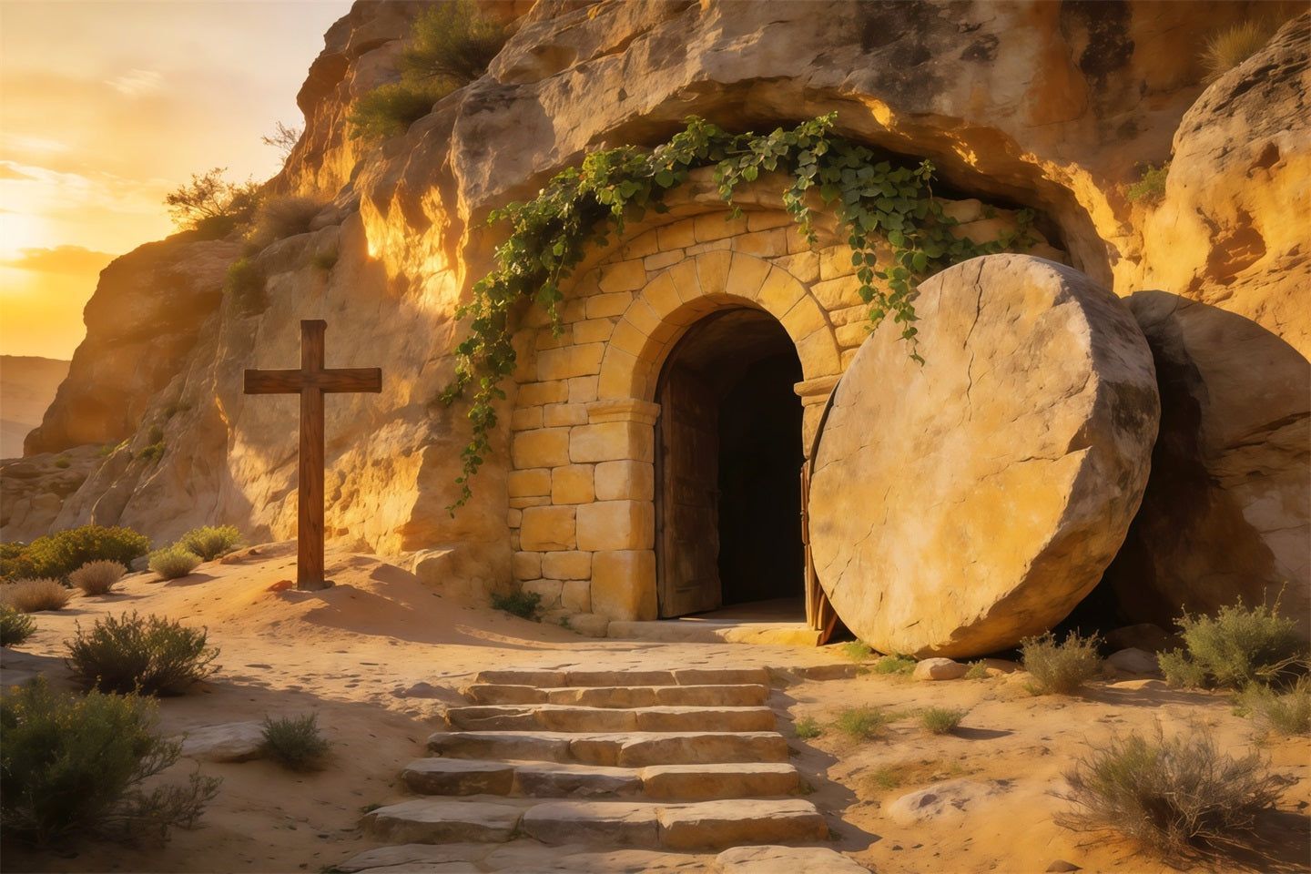 1440x960 Easter Tomb Backdrop Golden Sunrise Empty Cave Cross Outdoor Easter Backdrop LXX62 64