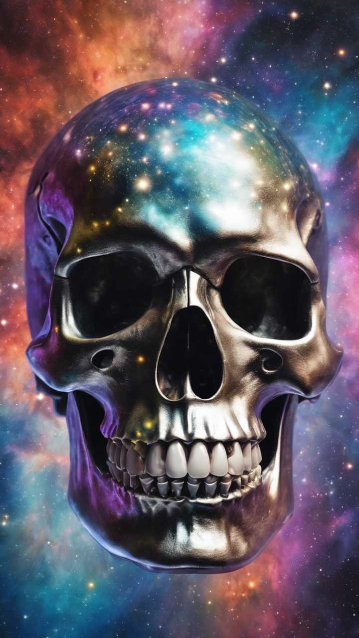 720x1280 A surreal painting of a silver skull floating in a vibrant nebula. Wallpaper [7dc3fe6548b745b18667]