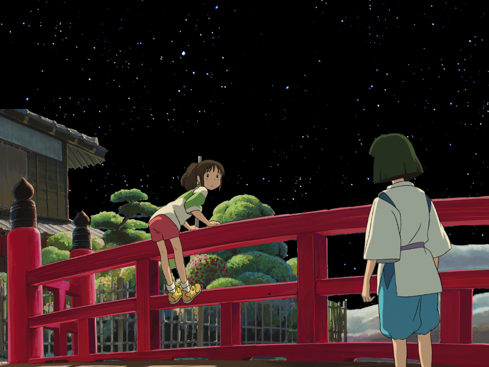 1600x1200 Spirited Away, Chihiro and Haku on a red bridge [1600x1200]