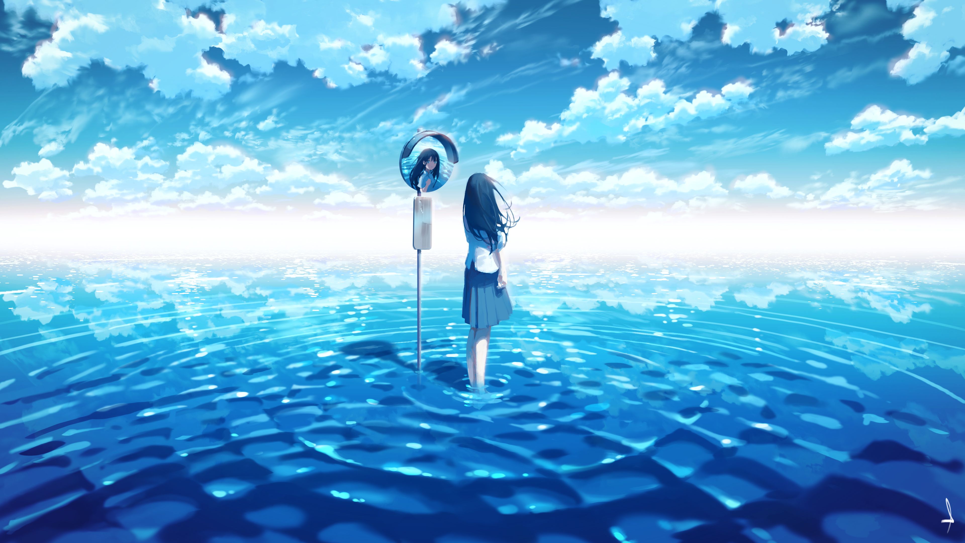 3840x2160 Anime Girl Water Horizon Blue Sky Background Reflection 4K HD Anime Girl Wallpaper