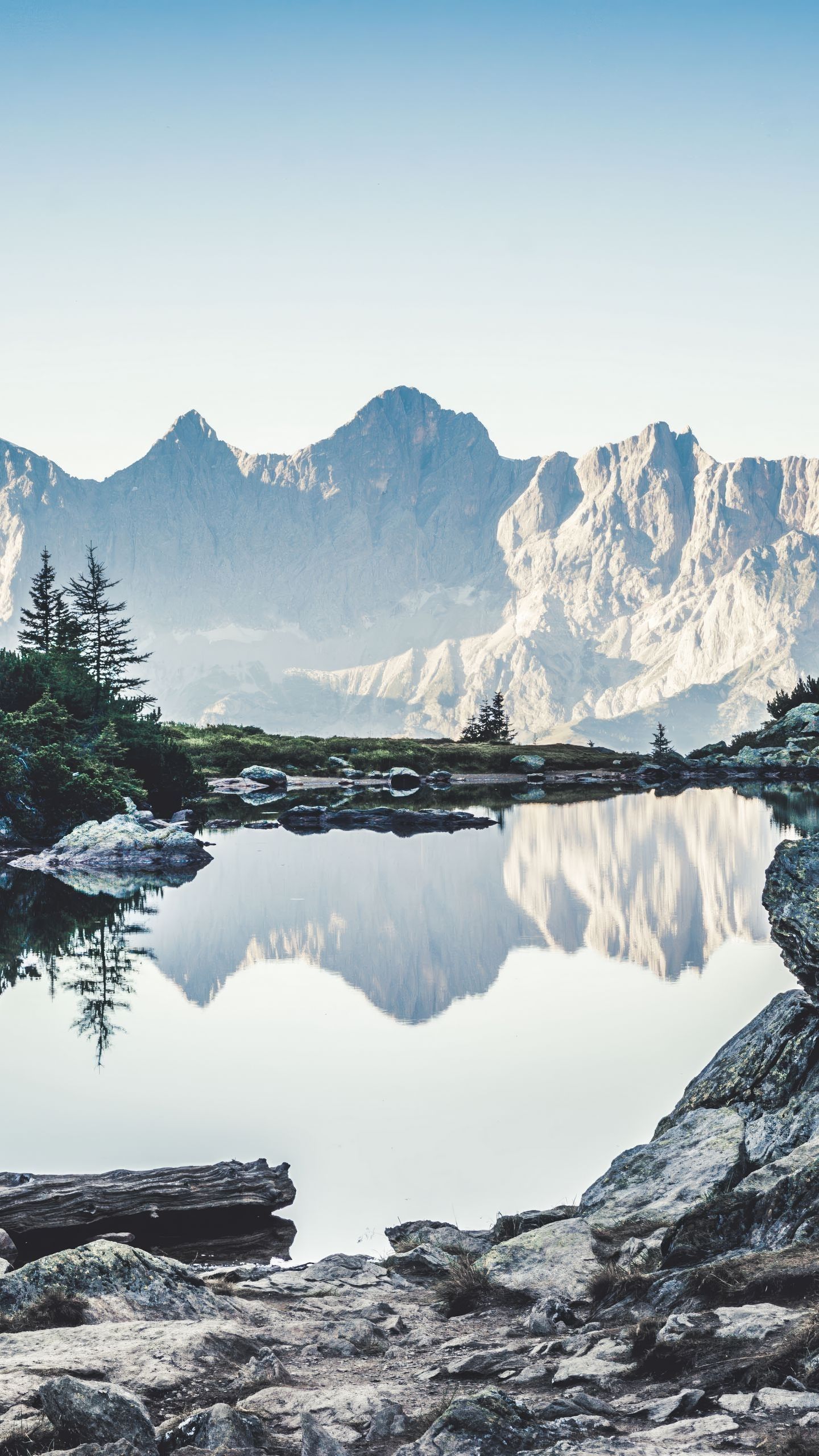 1440x2560 blue sky lake water reflection snow covered mountains stones nature wallpaper background 4K HD Nature Wallpaper