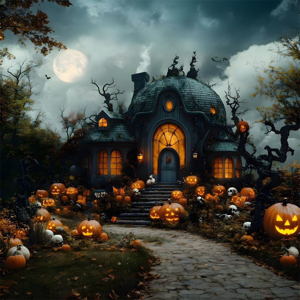 1000x1000 Halloween Horror Witch House Pumpkins Backdrop RR8 391