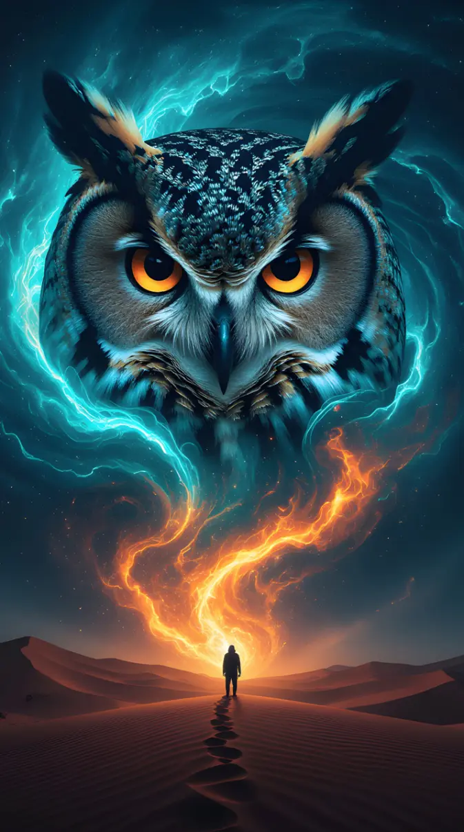 673x1206 Vertical photograph (1620x2880 px) of a colossal owl face dissolving wallpaper