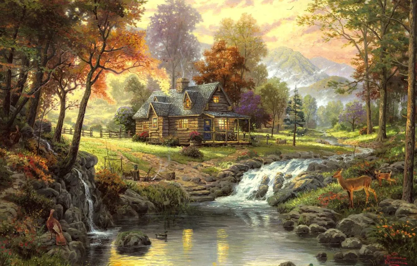 1332x850 Free autumn, landscape, stream, Thomas Kinkade, The cabin in the woods wallpaper for desktop and phone