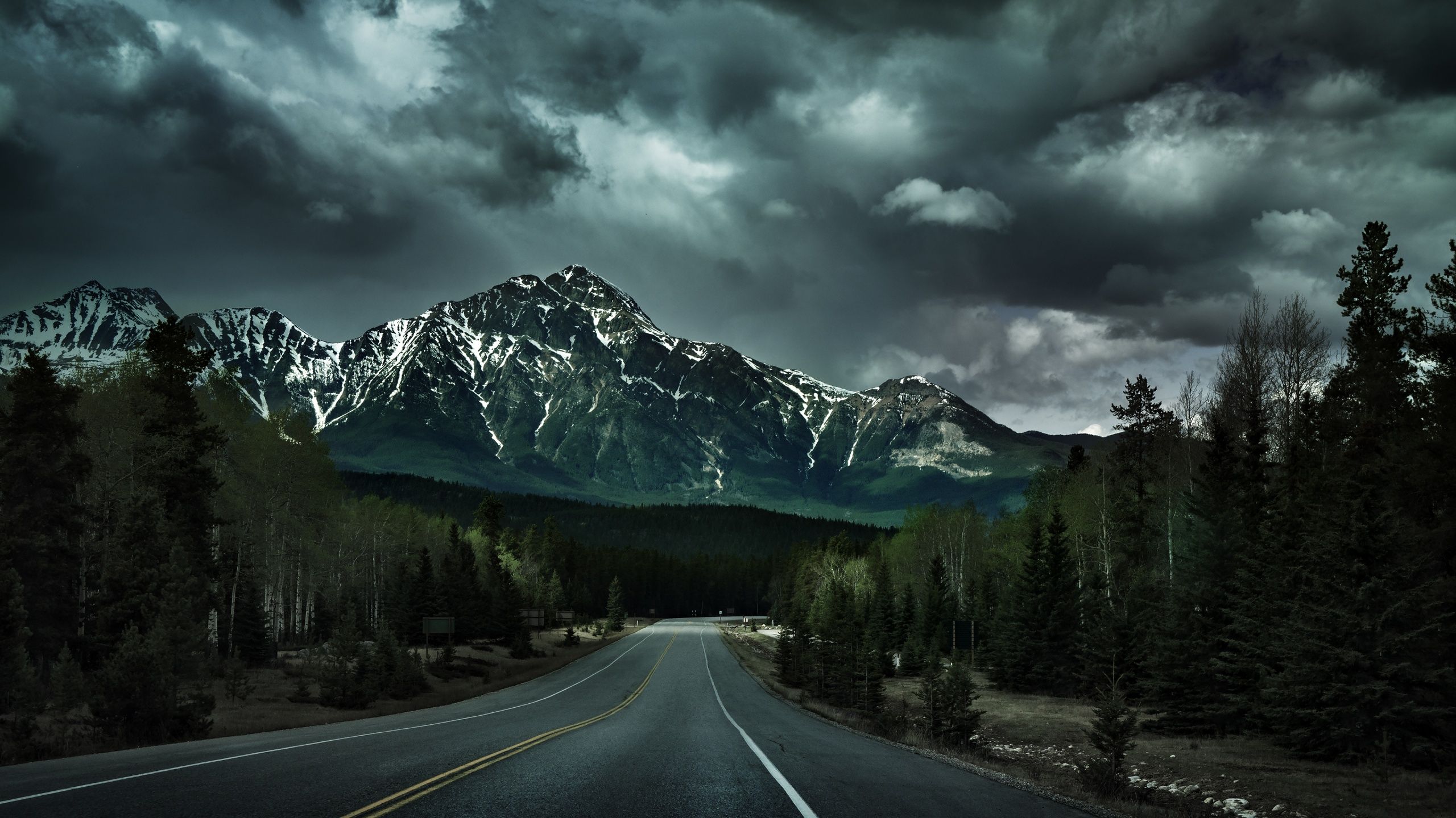 2560x1440 Endless Road Wallpaper 4K, Canadian Rockies, Dark clouds
