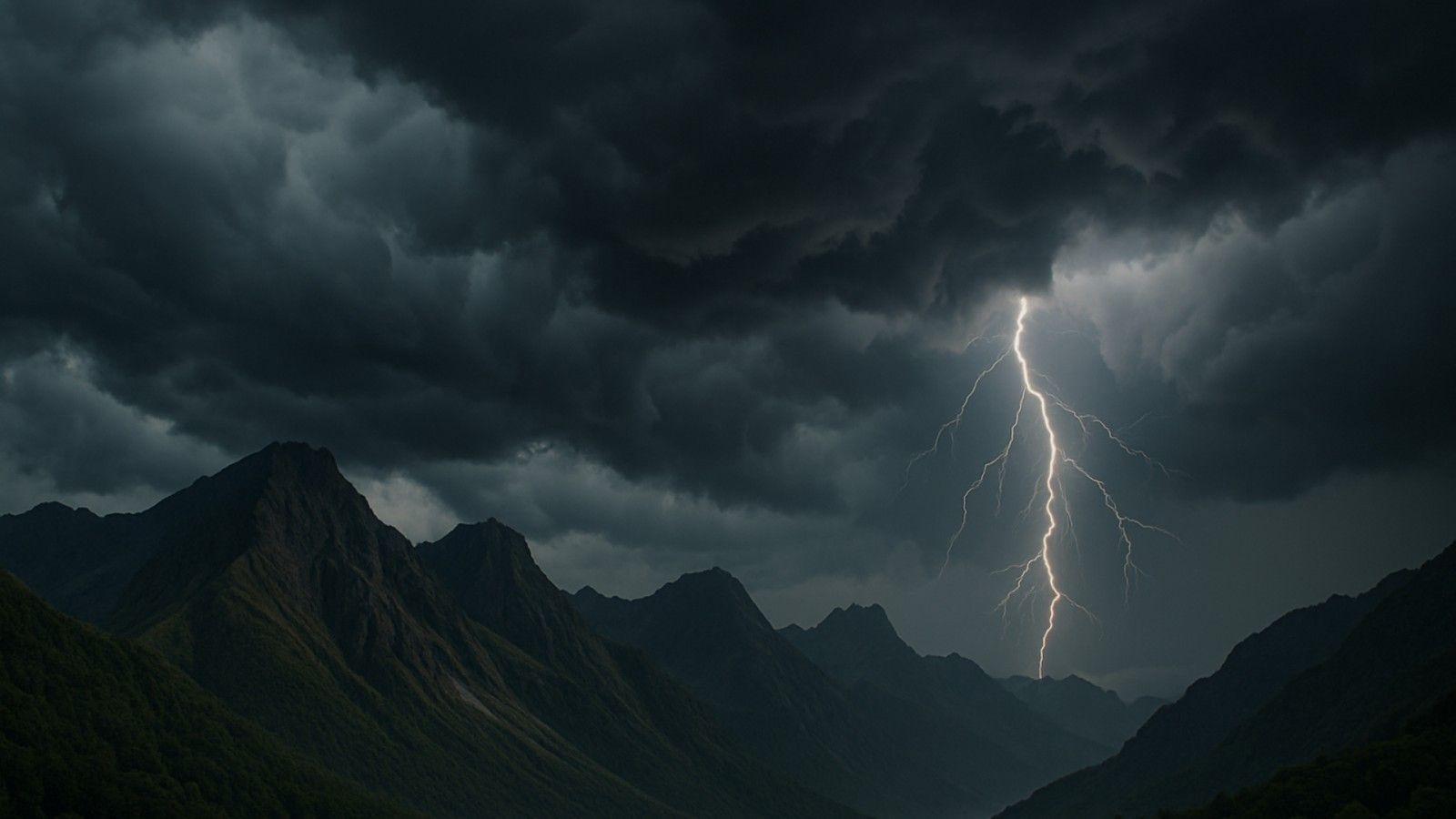1600x900 stormy mountain range with dramatic clouds, lightning in the distance, and moody tones HD photography Wallpaper
