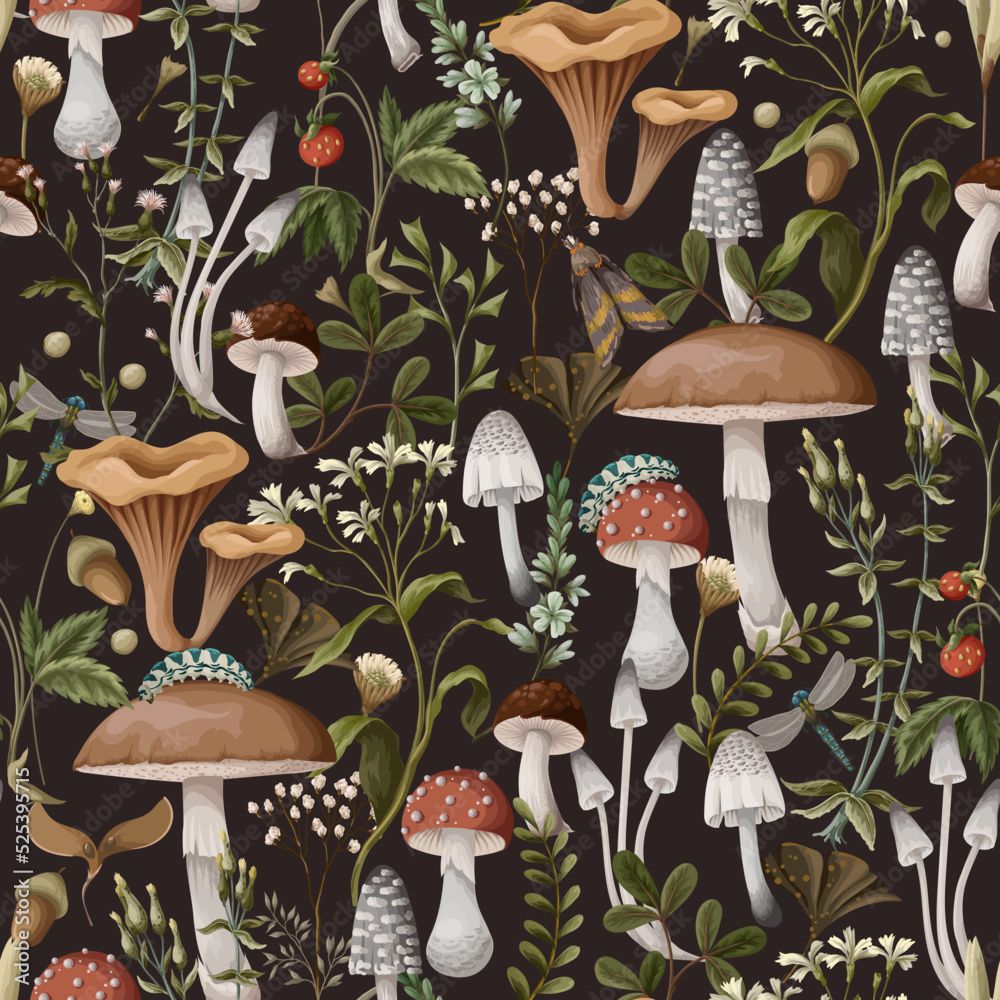 1000x1000 Poster, Print Autumn seamless pattern with mushrooms, berries and bugs, 40x40 cm
