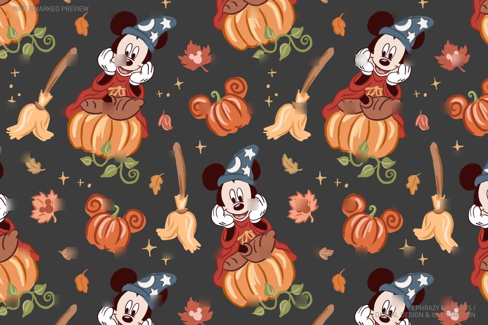 1620x1080 Sorcerer Mickey Fall Pumpkins Digital PNG Clipart & Seamless Patterns Set