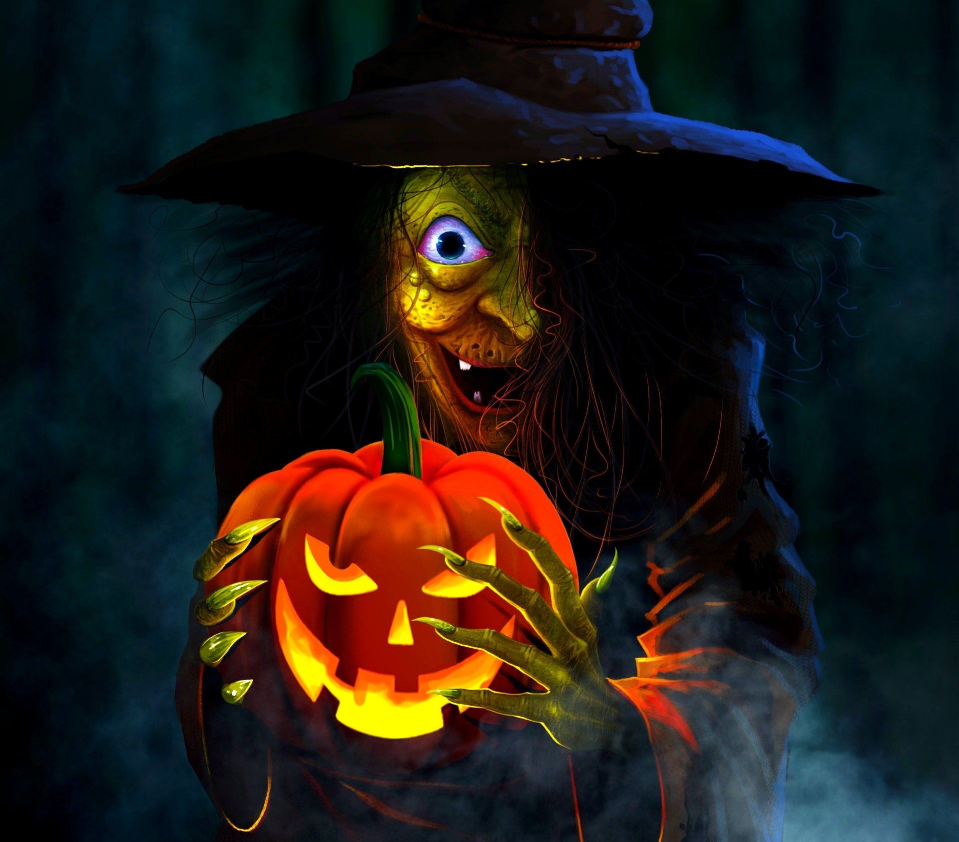 1920x1686 Spooky Halloween Witch And Glowing Jack O' Lantern HD Wallpaper By Prosenjit Mondalx1686