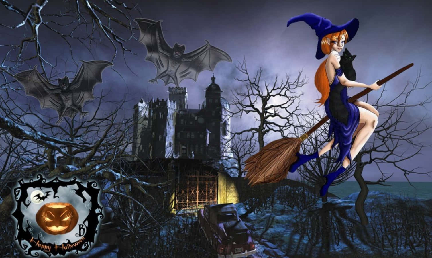 1508x900 Download Creepy witch cackles during a full moon on Halloween night. Wallpaper