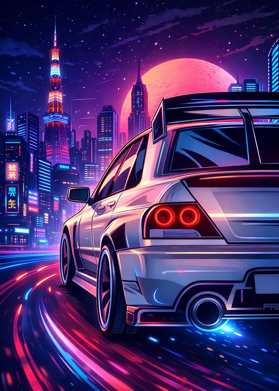 929x1300 Poster White Car Japanese Night