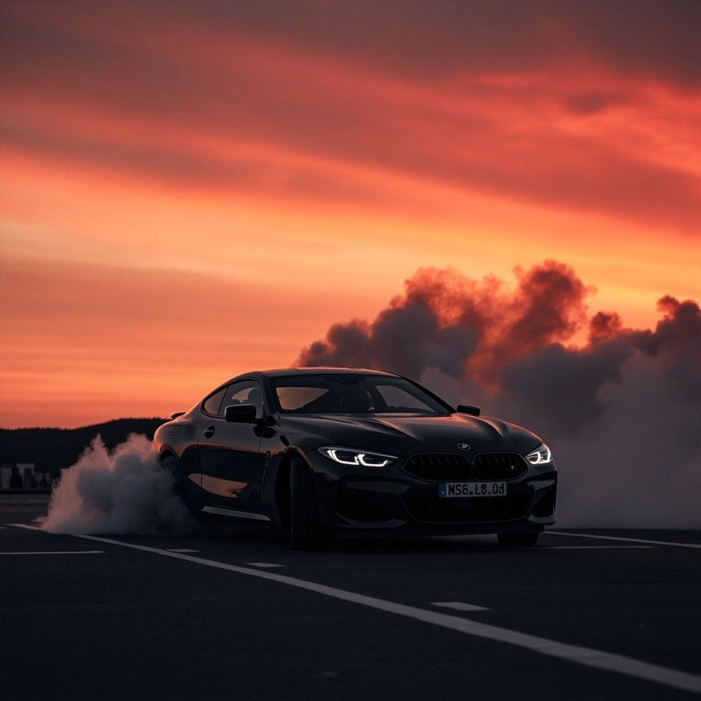1024x1024 Black BMW M8 Drifting Under Reddish Orange Evening Sky