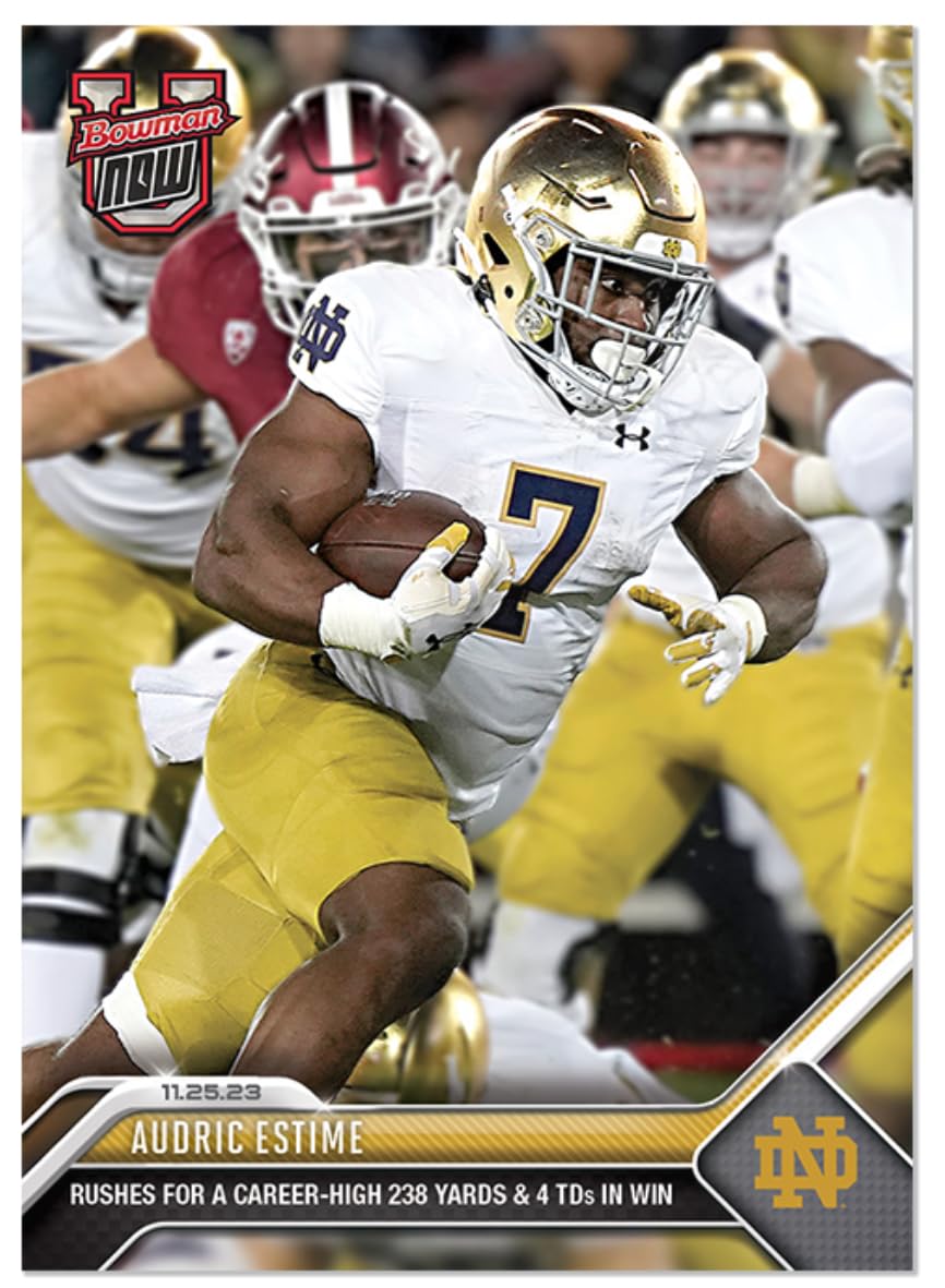 866x1181 Bow U Now Audric Estime -Rushes For A Career High 238 And 4 TDs In Win- 11 25 23 NCAA Trading Card- University Of Notre Dame Fighting Irish. Stated