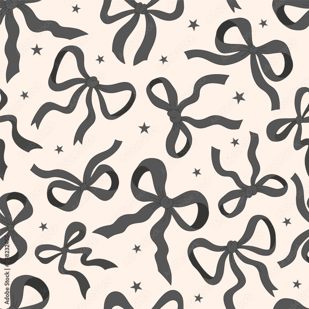 1000x1000 Cute Black ribbon bow vector seamless pattern. Coquette Halloween background. Stock Vector