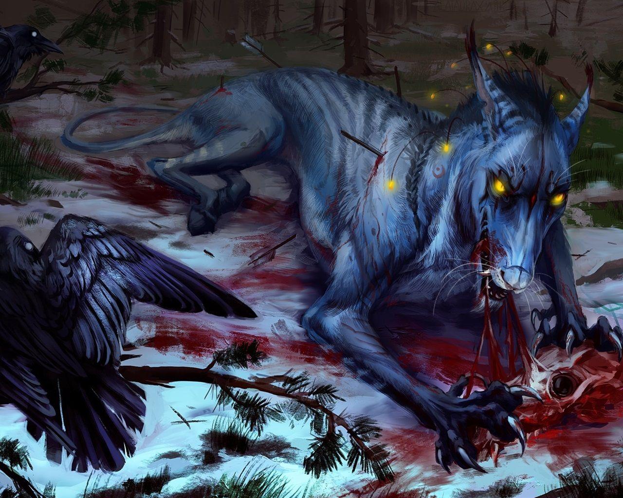 1280x1024 Wallpaper Wolf and crow, blood, art painting 1920x1080 Full HD 2K Picture, Image