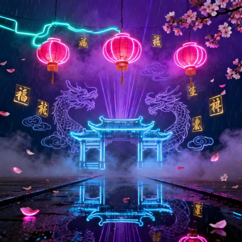1024x1024 Download Neon Chinese Lanterns Image, Cyberpunk, Chinese
