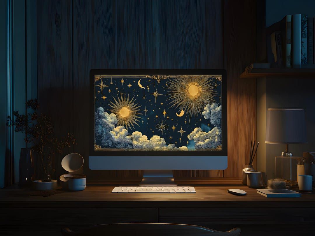 1080x810 Witchy Celestial Desktop Wallpaper, Whimsigoth Laptop Background, Gothic Moon Night Sky Artworks